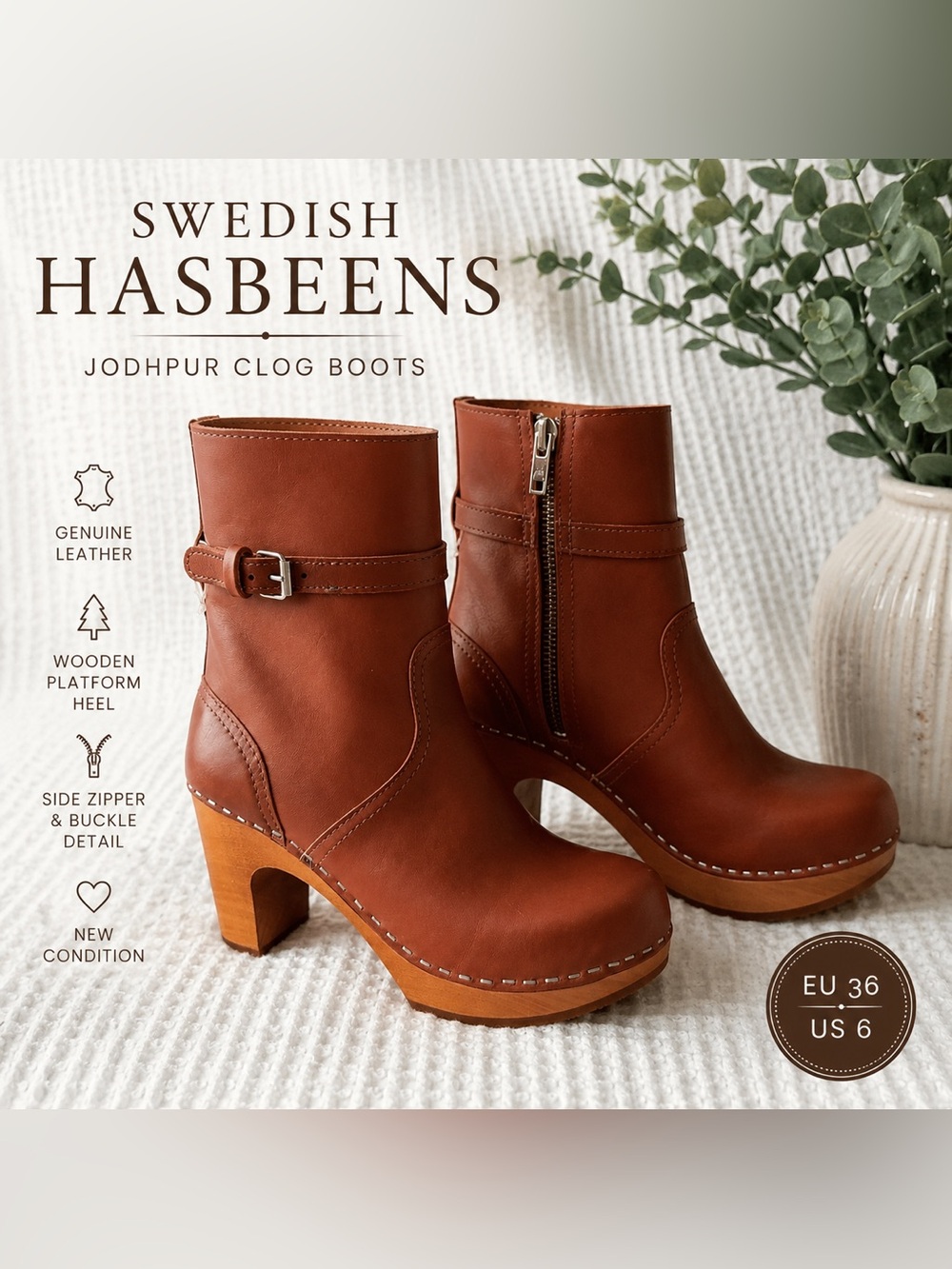 New Swedish Hasbeens Jodhpur Leather Clog Boots EU 36 US 6 Cognac Brown Wooden